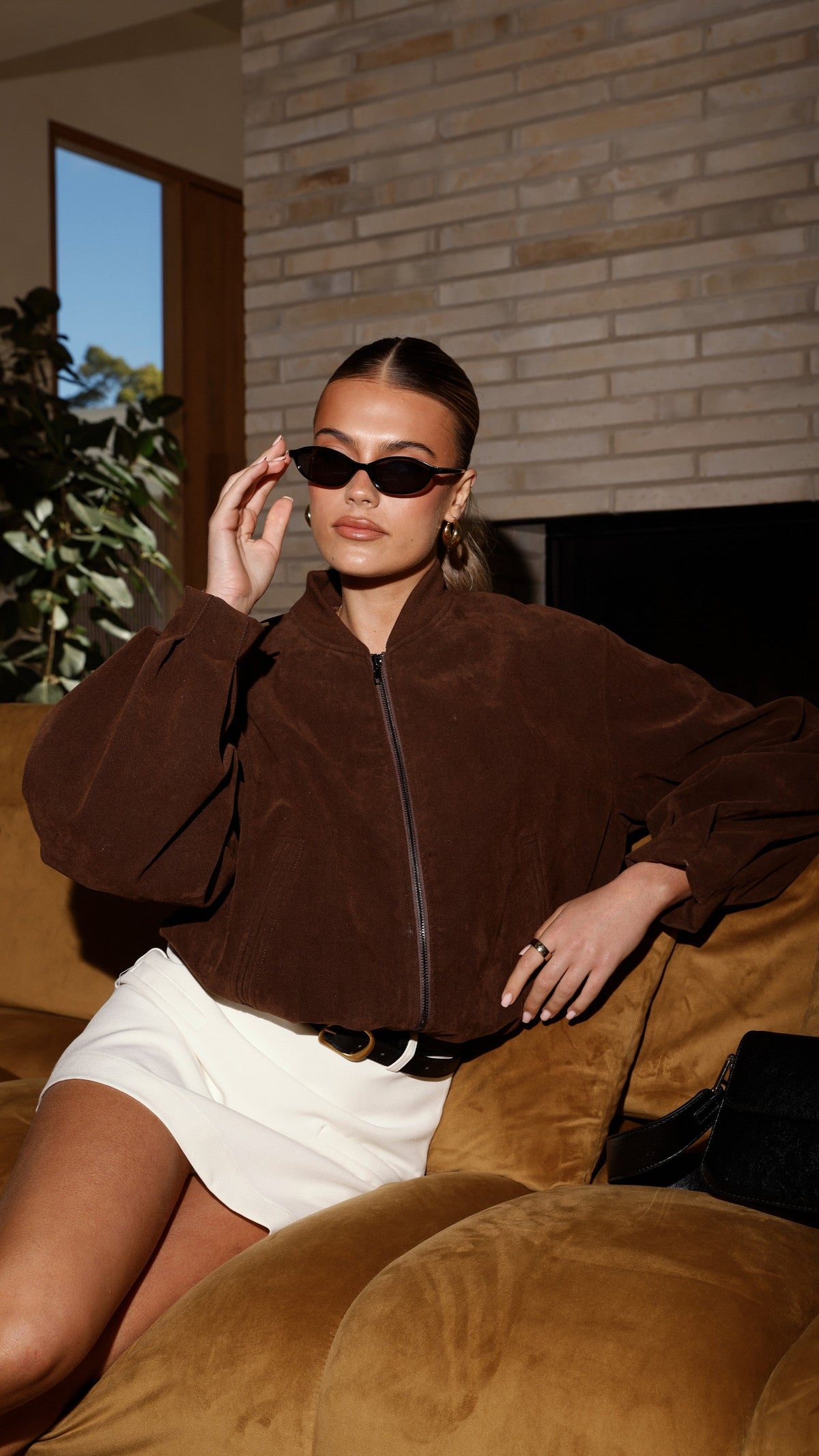 Sloane Suede-Effect Balloon Sleeve Bomber Jacket – Dark Chocolate – view 16