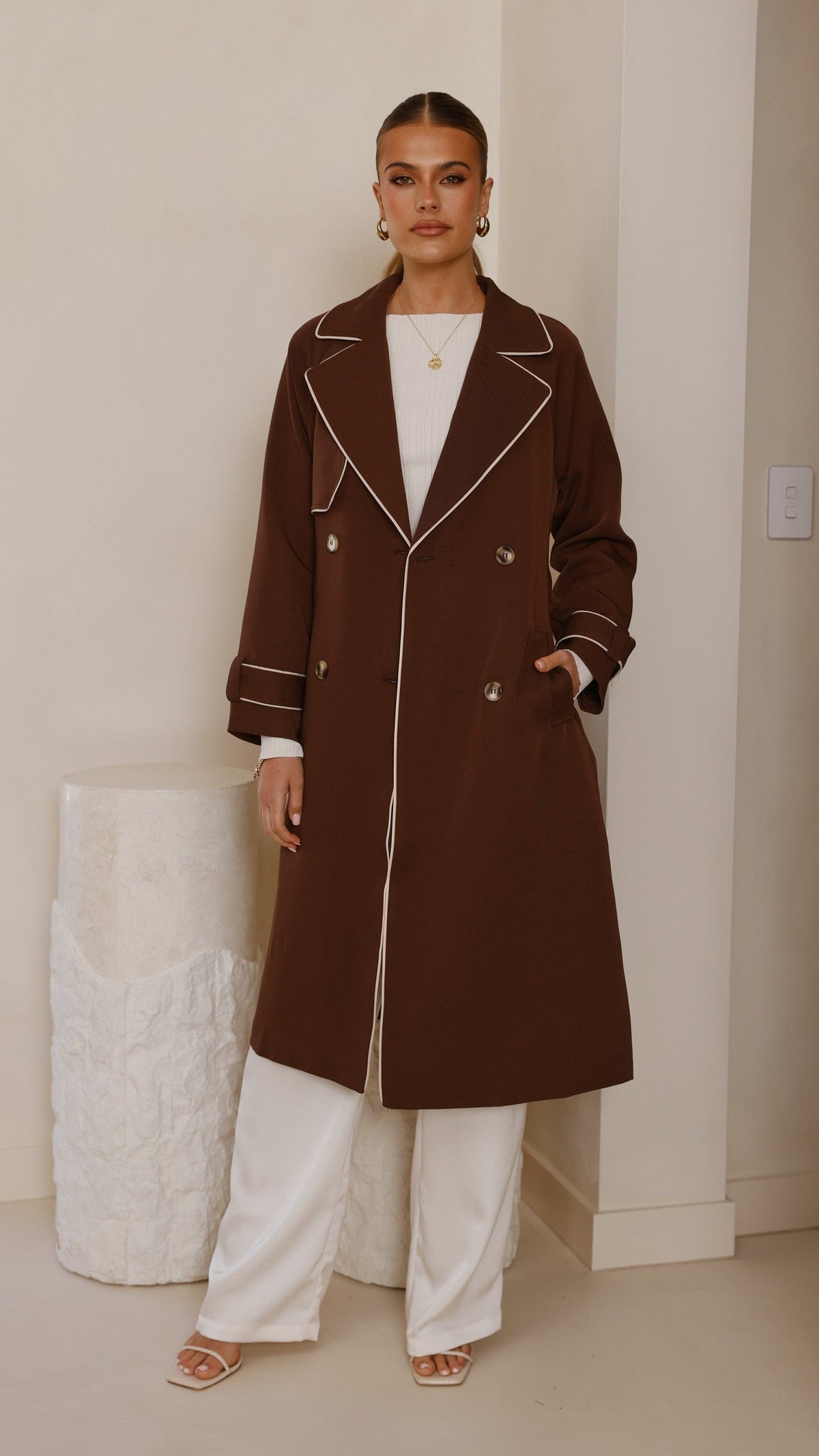 Blanca Oversized Longline Trench Coat with Waist Tie – Espresso – view 8