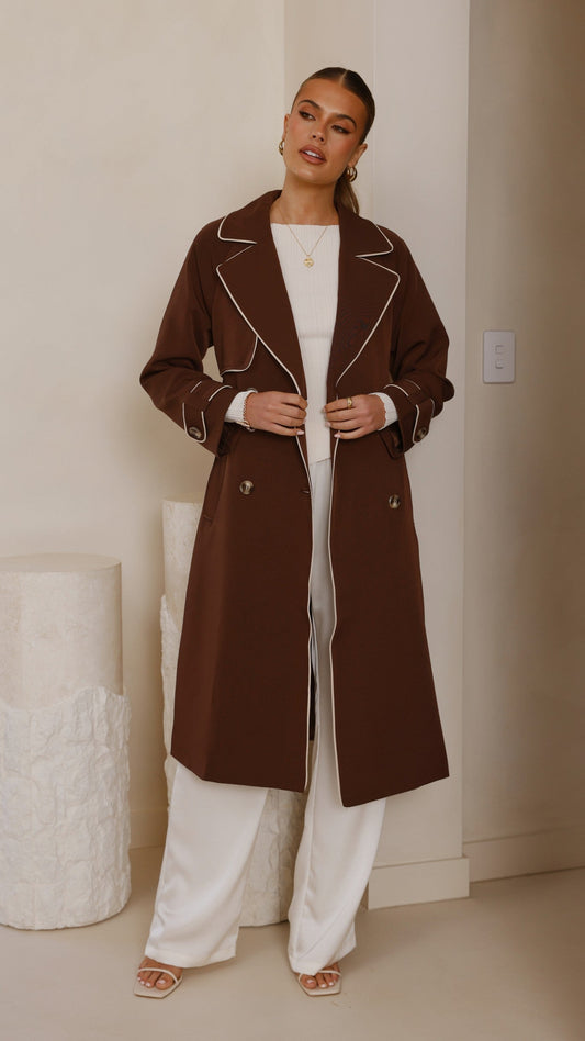 Blanca Oversized Longline Trench Coat with Waist Tie – Espresso