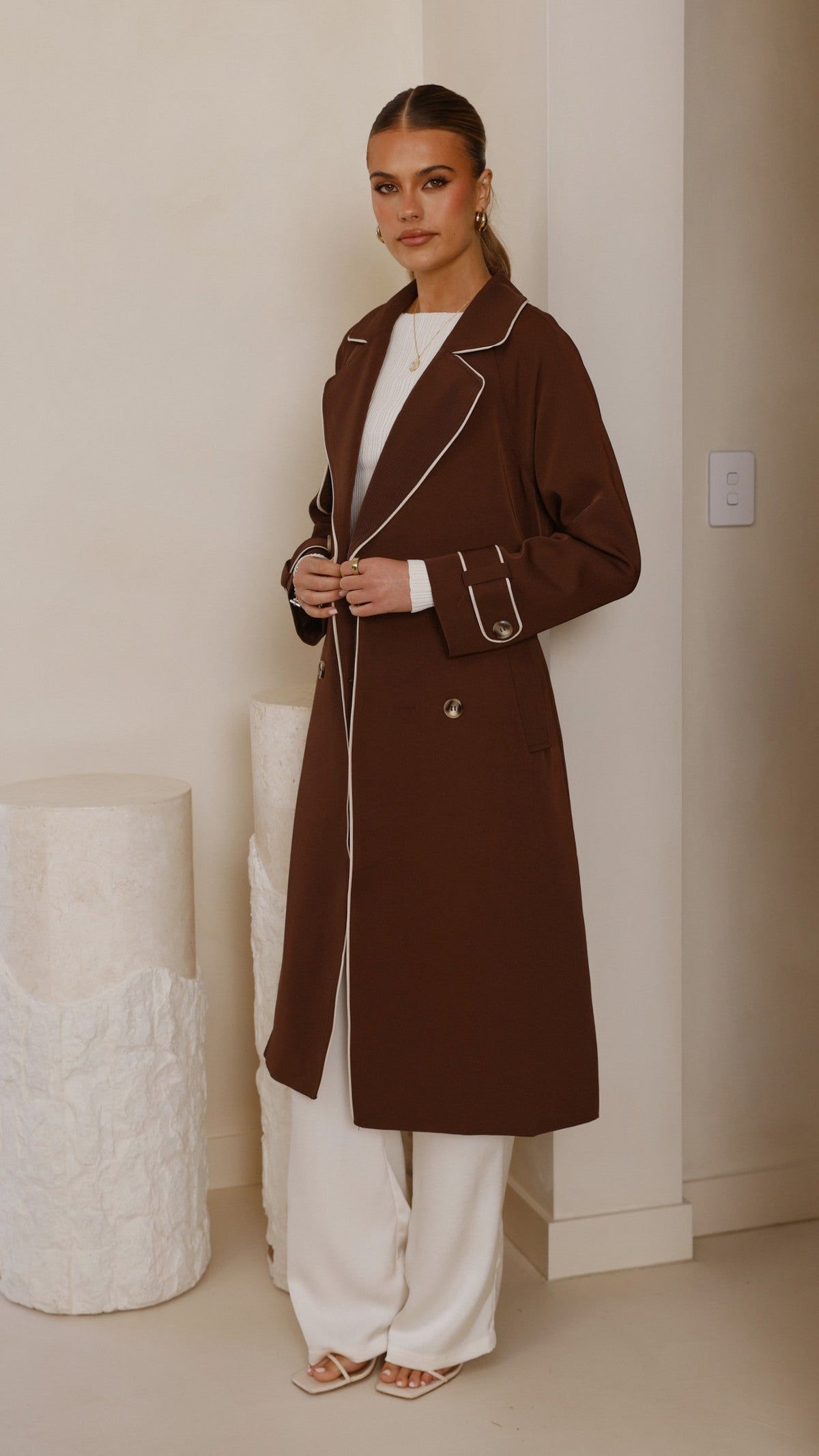 Blanca Oversized Longline Trench Coat with Waist Tie – Espresso – view 9