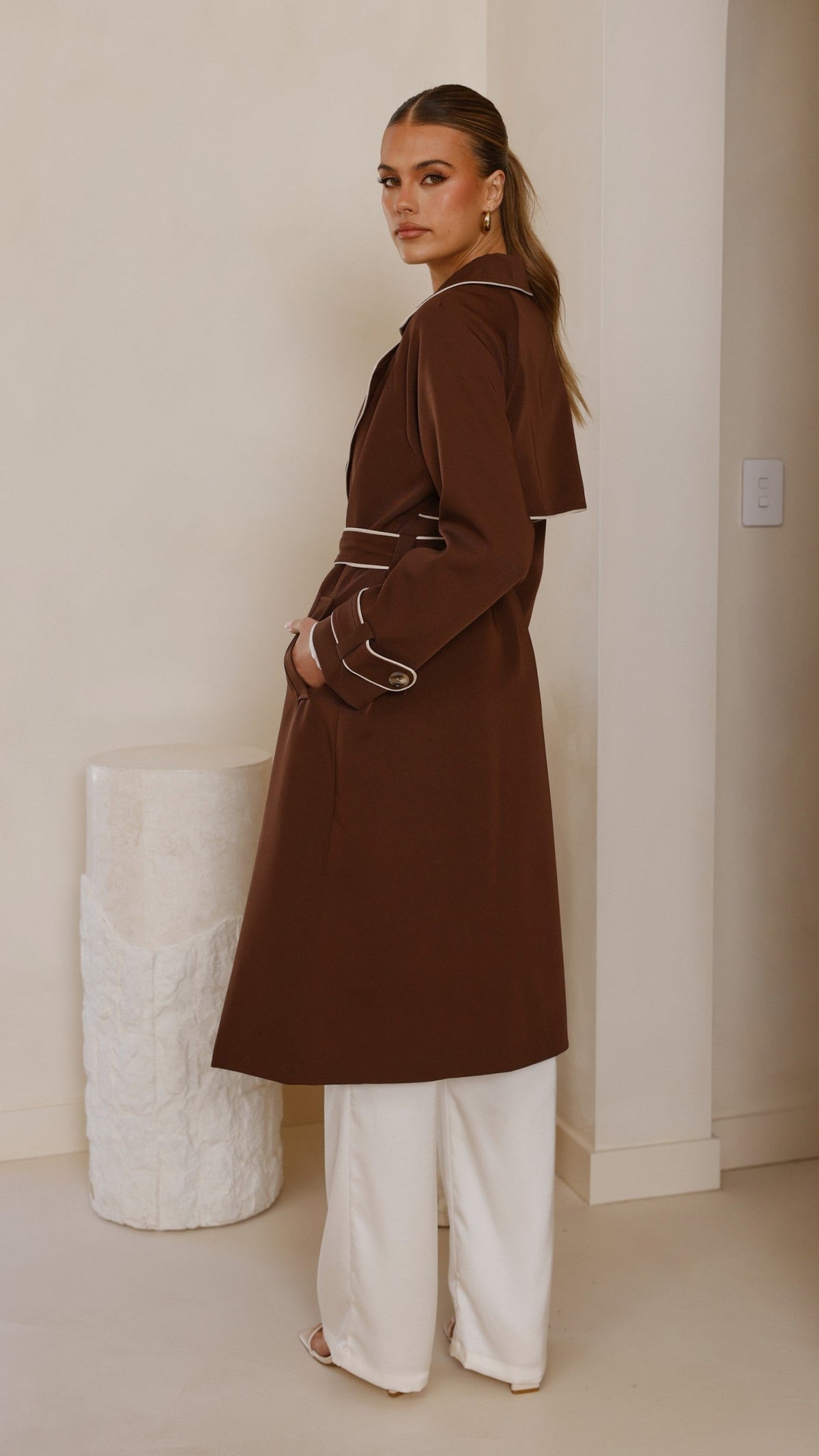 Blanca Oversized Longline Trench Coat with Waist Tie – Espresso