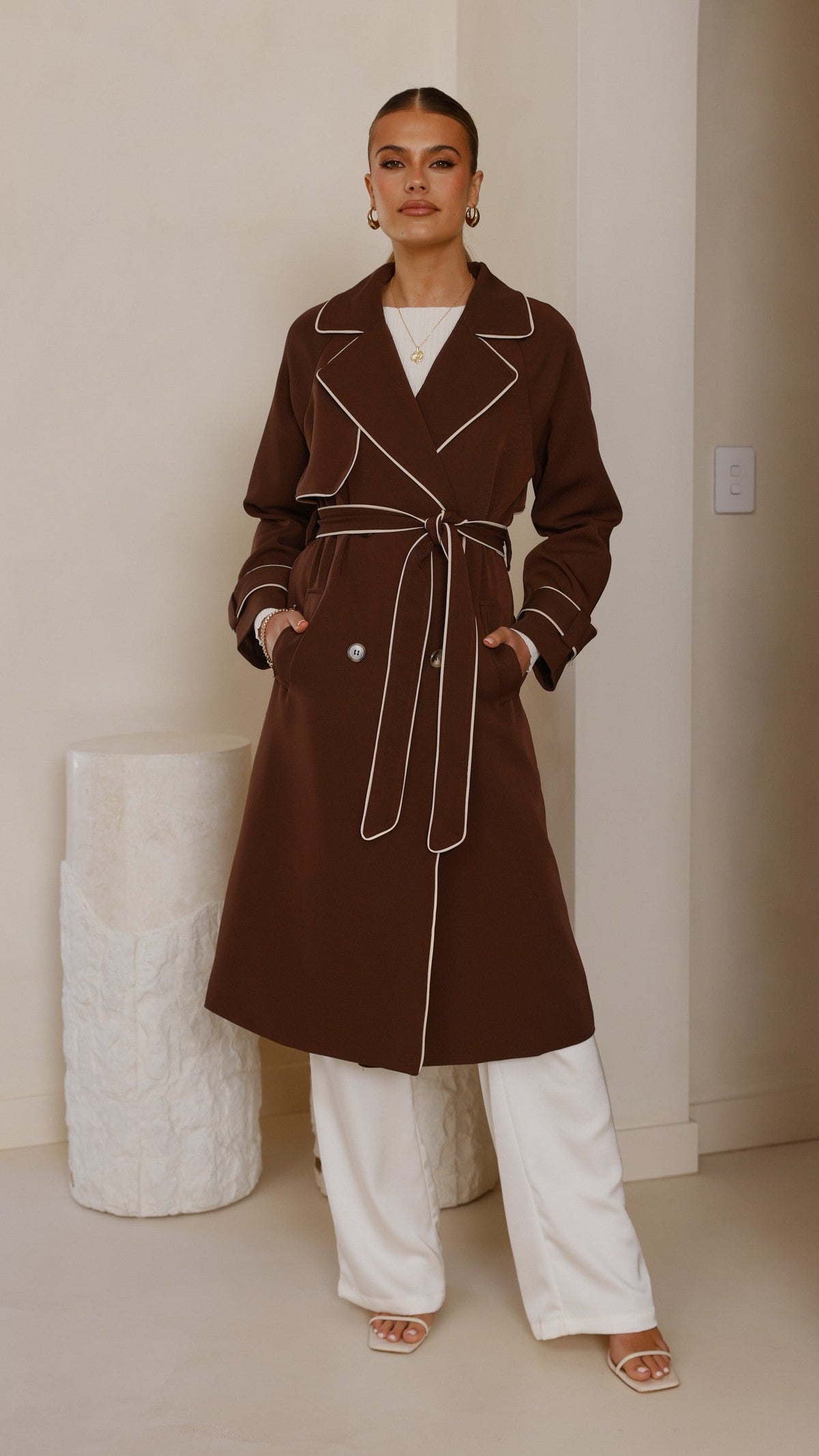 Blanca Oversized Longline Trench Coat with Waist Tie – Espresso