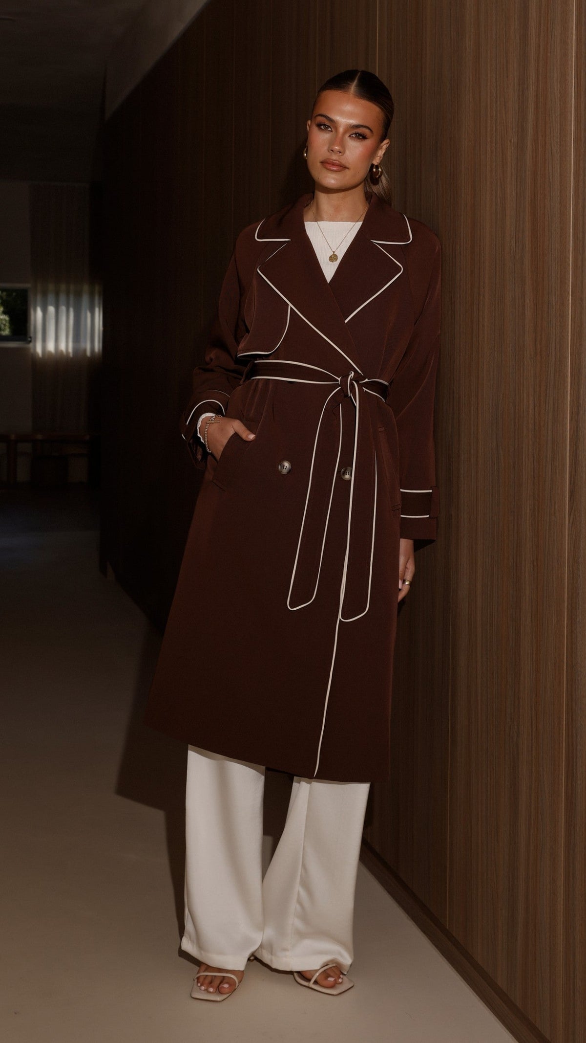 Blanca Oversized Longline Trench Coat with Waist Tie – Espresso