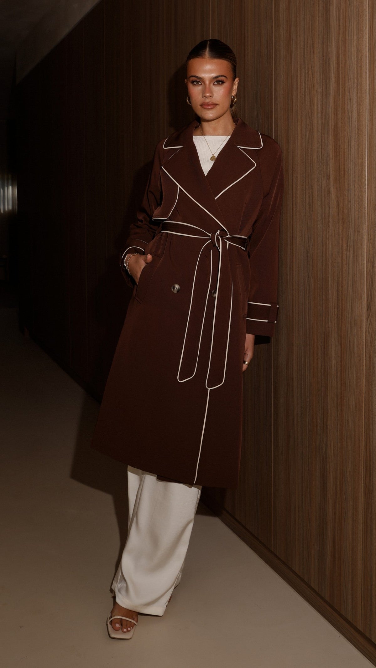 Blanca Oversized Longline Trench Coat with Waist Tie – Espresso – view 12