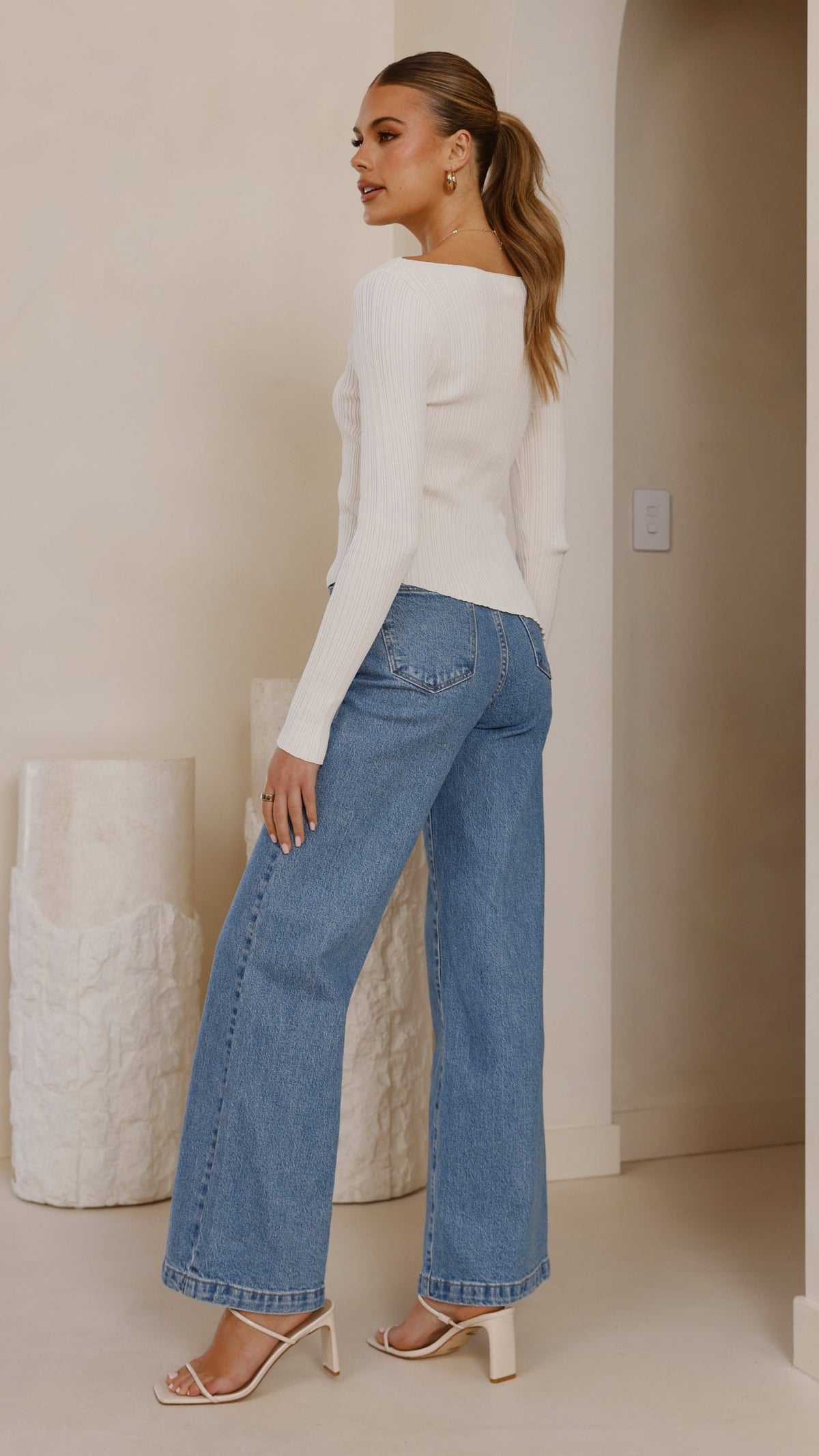 Isla Asymmetric Hem High Neck Long Sleeve Top – Cream – view 2