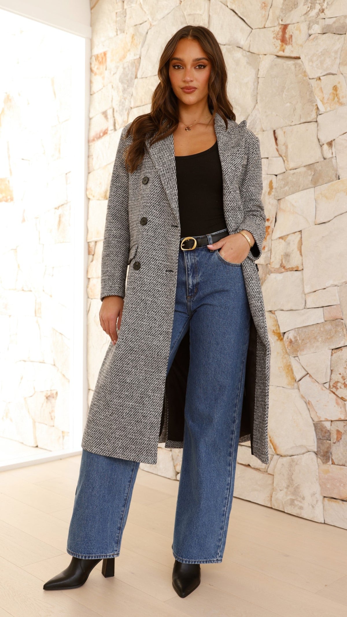 Jayla Double-Breasted Longline Coat with Padded Shoulders – Grey – view 19