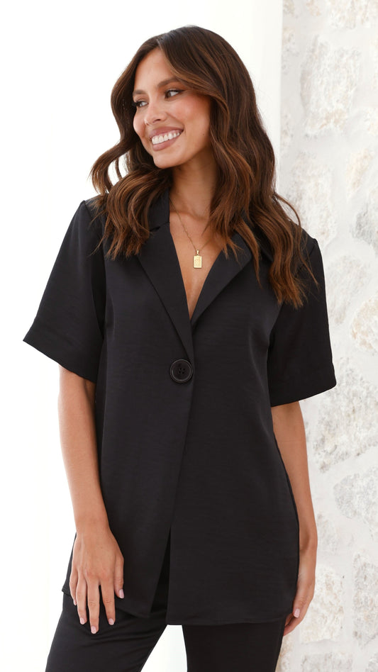 Imogen Polo Collar Boxy Oversized Short Sleeve Shirt – Black
