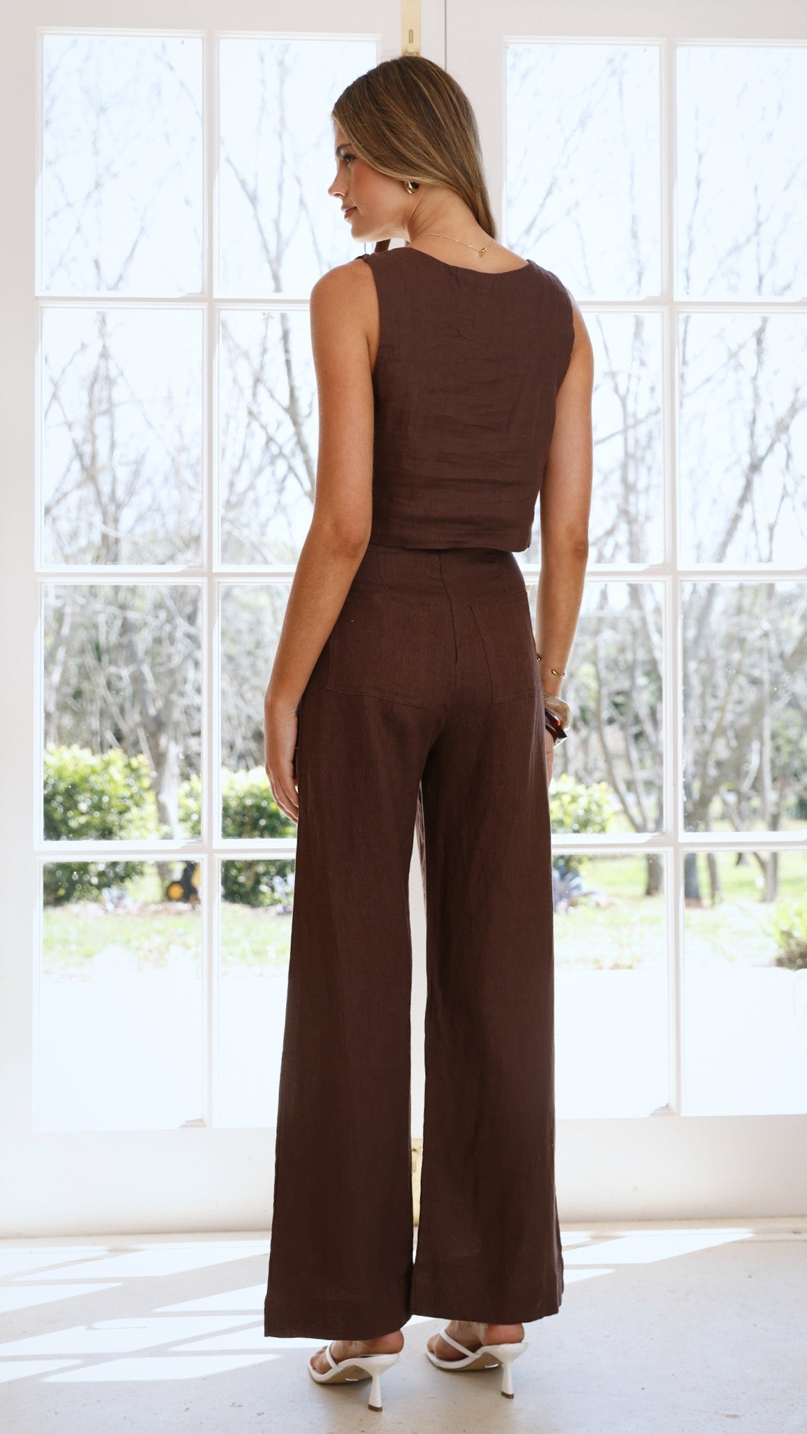 Karah High Waisted Full Length Wide Leg Linen Trousers – Brown – view 2