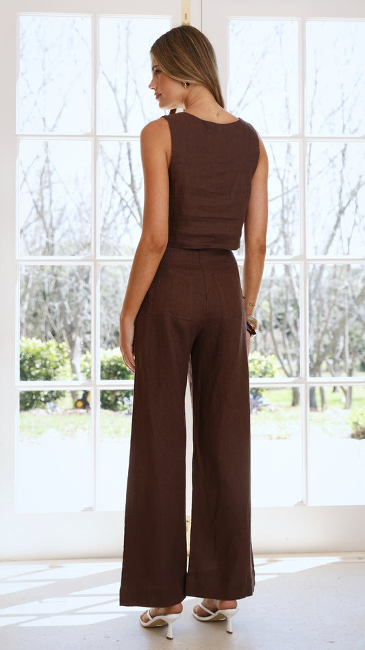 Karah High Waisted Full Length Wide Leg Linen Trousers – Brown – view 2