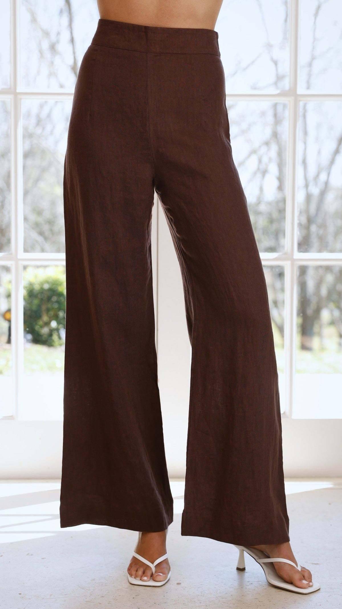 Karah High Waisted Full Length Wide Leg Linen Trousers – Brown – view 3