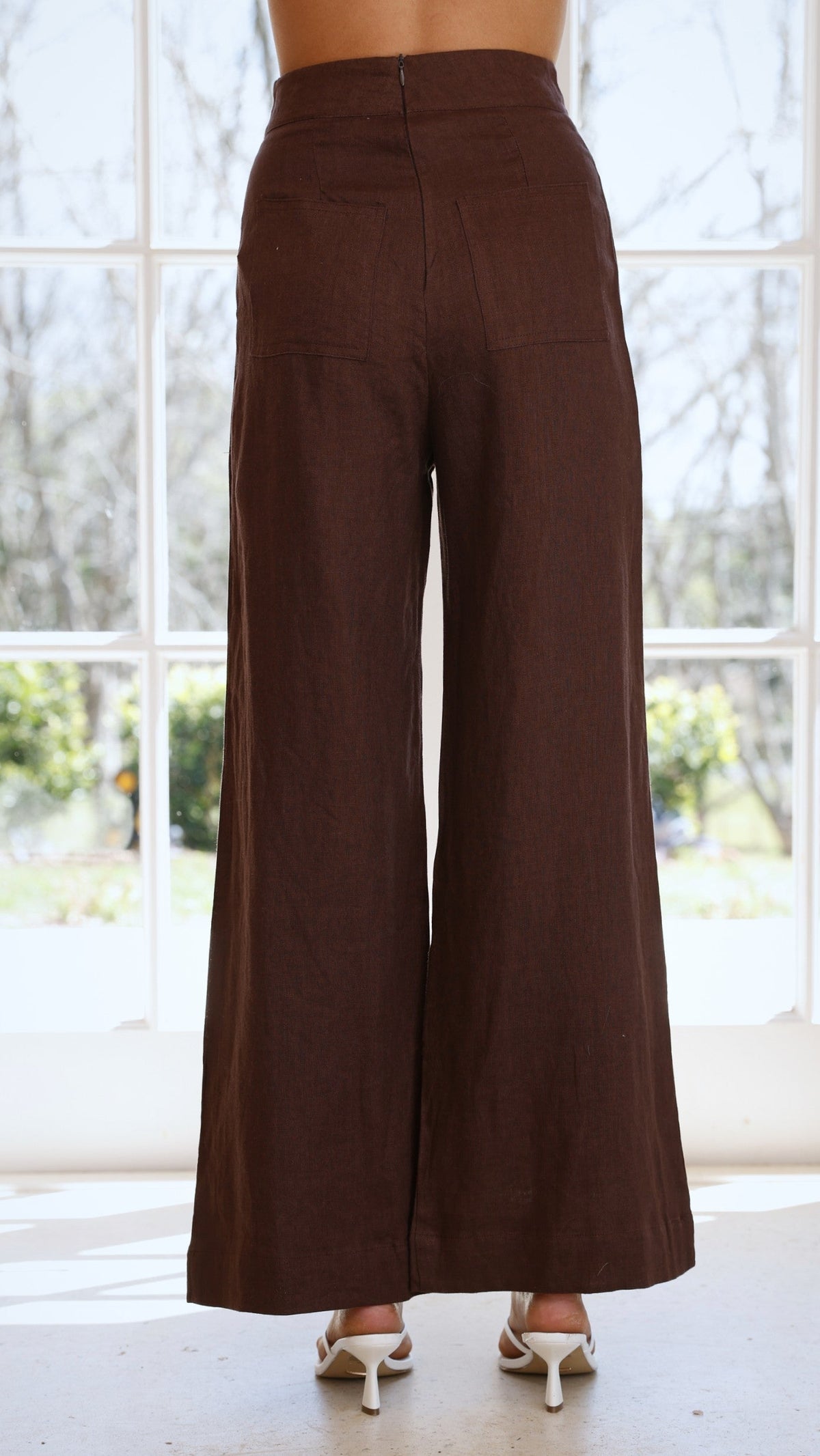Karah High Waisted Full Length Wide Leg Linen Trousers – Brown – view 6