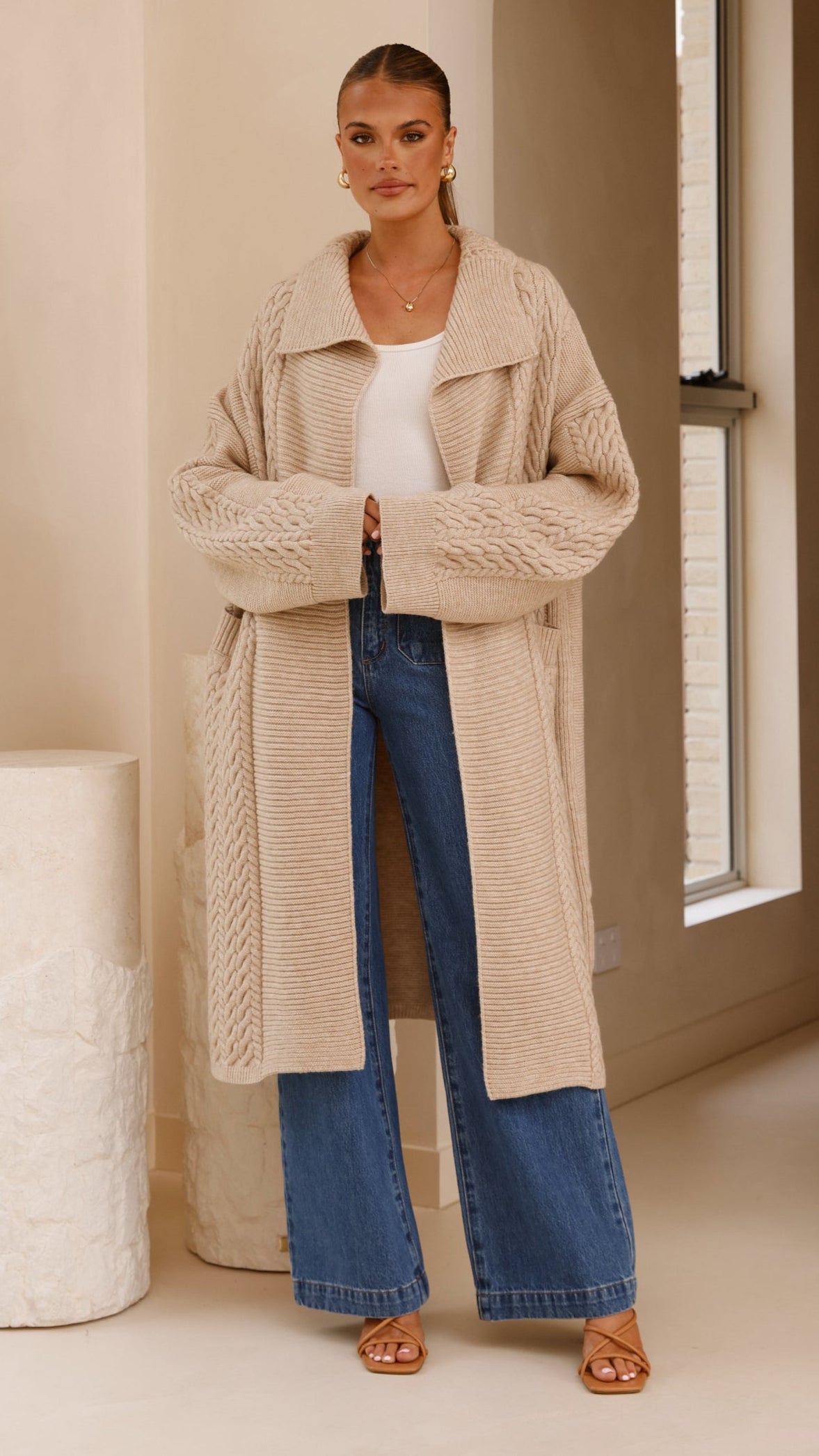 Sana Oversized Longline Cable Knit Cardigan with Pockets – Beige – view 4