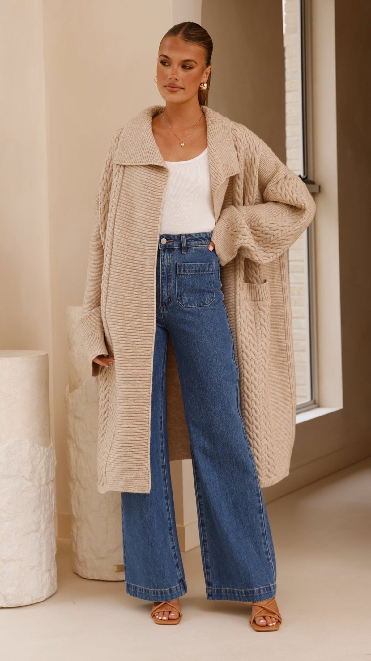 Sana Oversized Longline Cable Knit Cardigan with Pockets – Beige – view 6