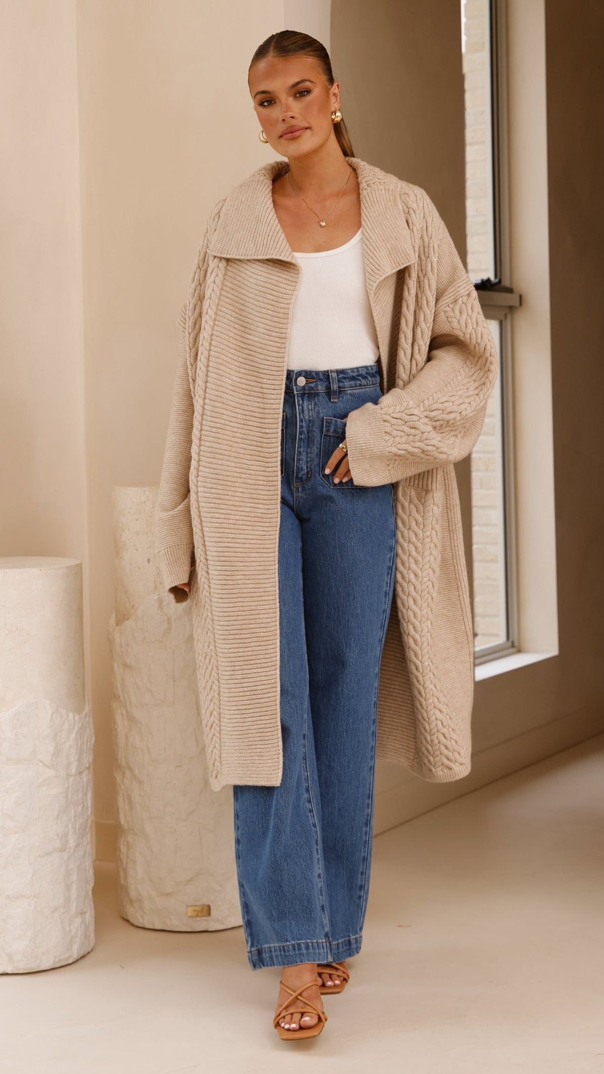 Sana Oversized Longline Cable Knit Cardigan with Pockets – Beige