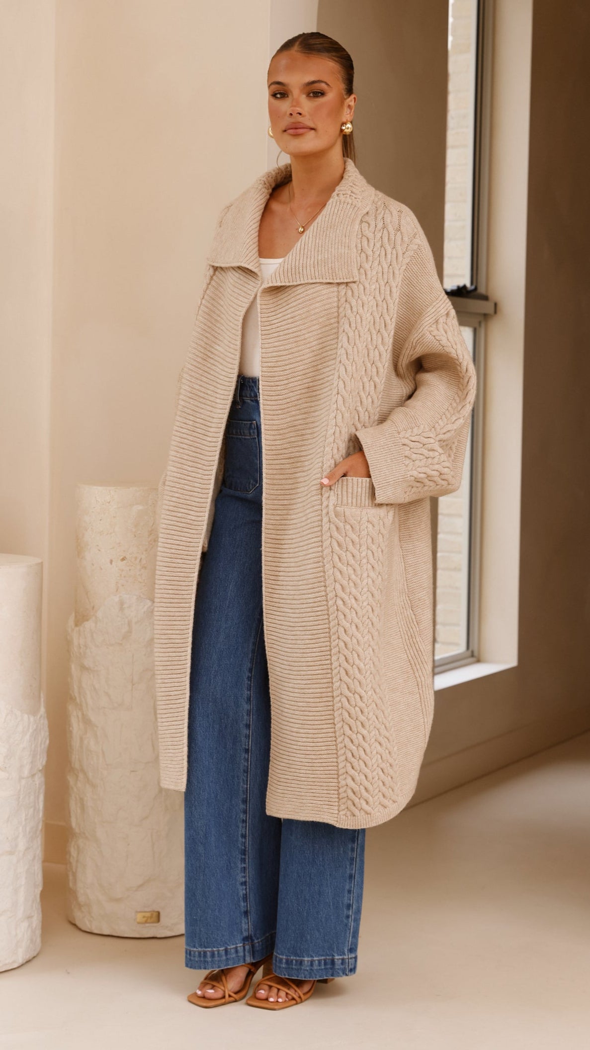 Sana Oversized Longline Cable Knit Cardigan with Pockets – Beige – view 3