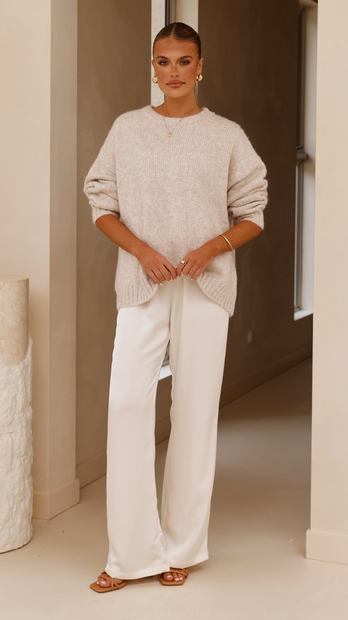 Mila Ribbed High Neck Longline Knit Jumper – Oatmeal – view 7
