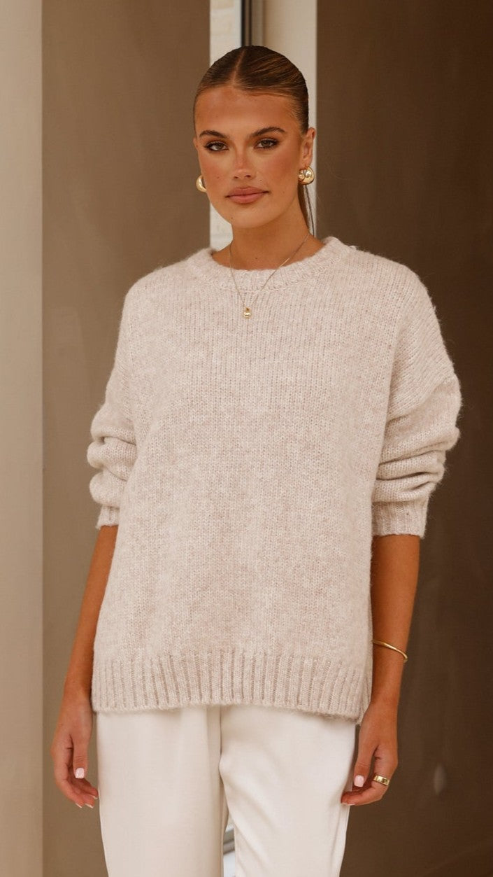 Mila Ribbed High Neck Longline Knit Jumper – Oatmeal – view 1