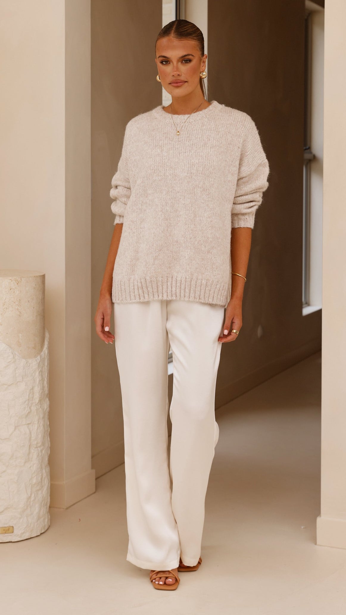 Mila Ribbed High Neck Longline Knit Jumper – Oatmeal – view 9