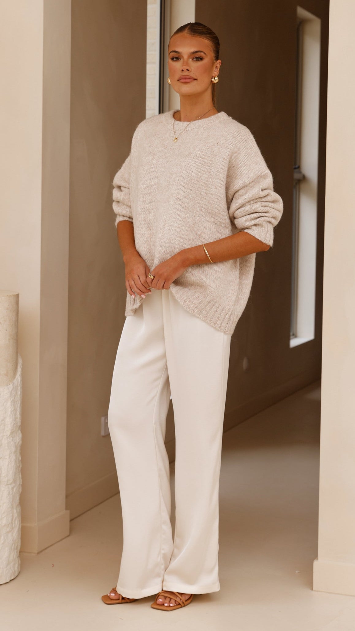 Mila Ribbed High Neck Longline Knit Jumper – Oatmeal – view 3