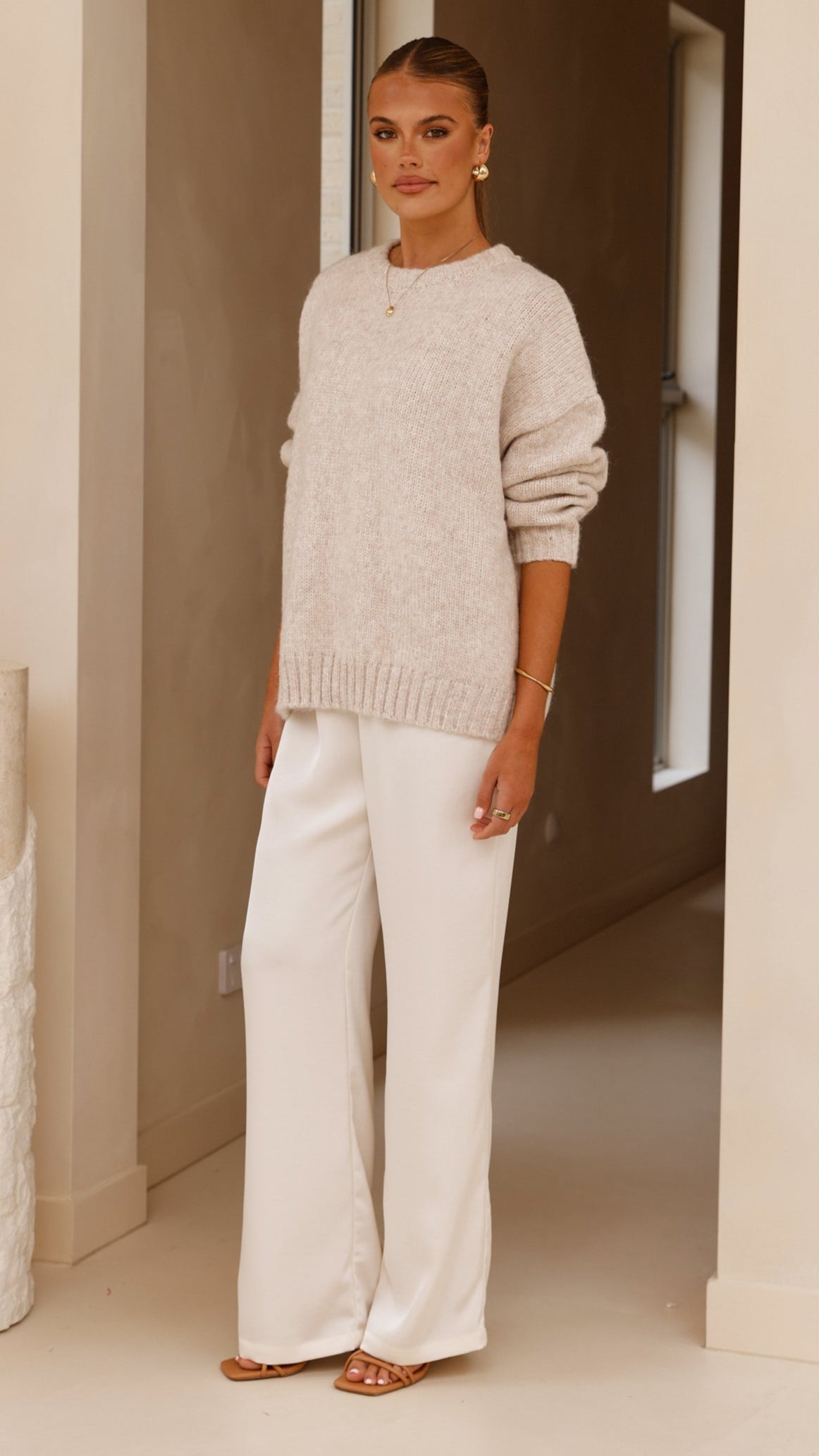 Mila Ribbed High Neck Longline Knit Jumper – Oatmeal – view 8