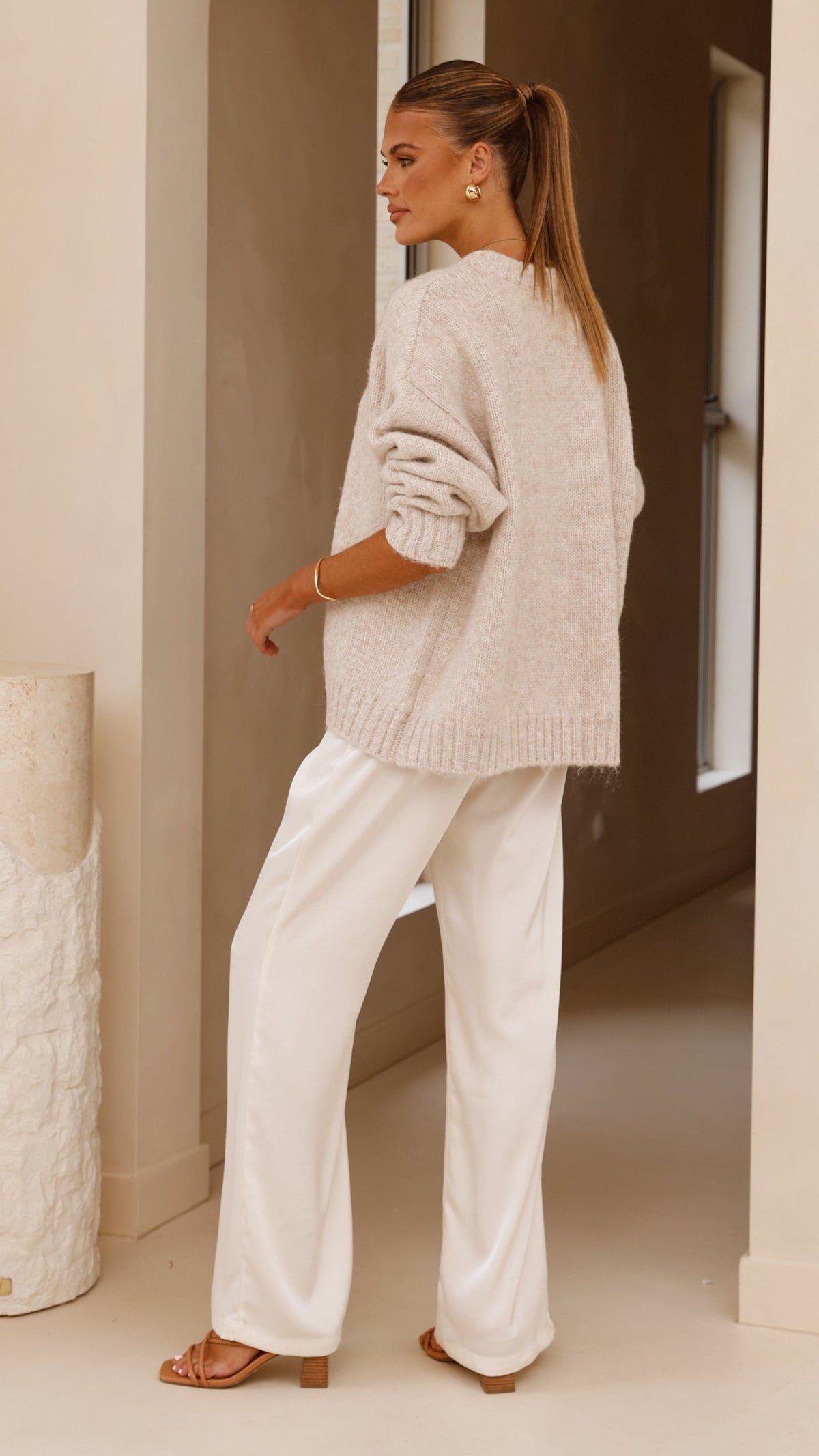 Mila Ribbed High Neck Longline Knit Jumper – Oatmeal – view 2