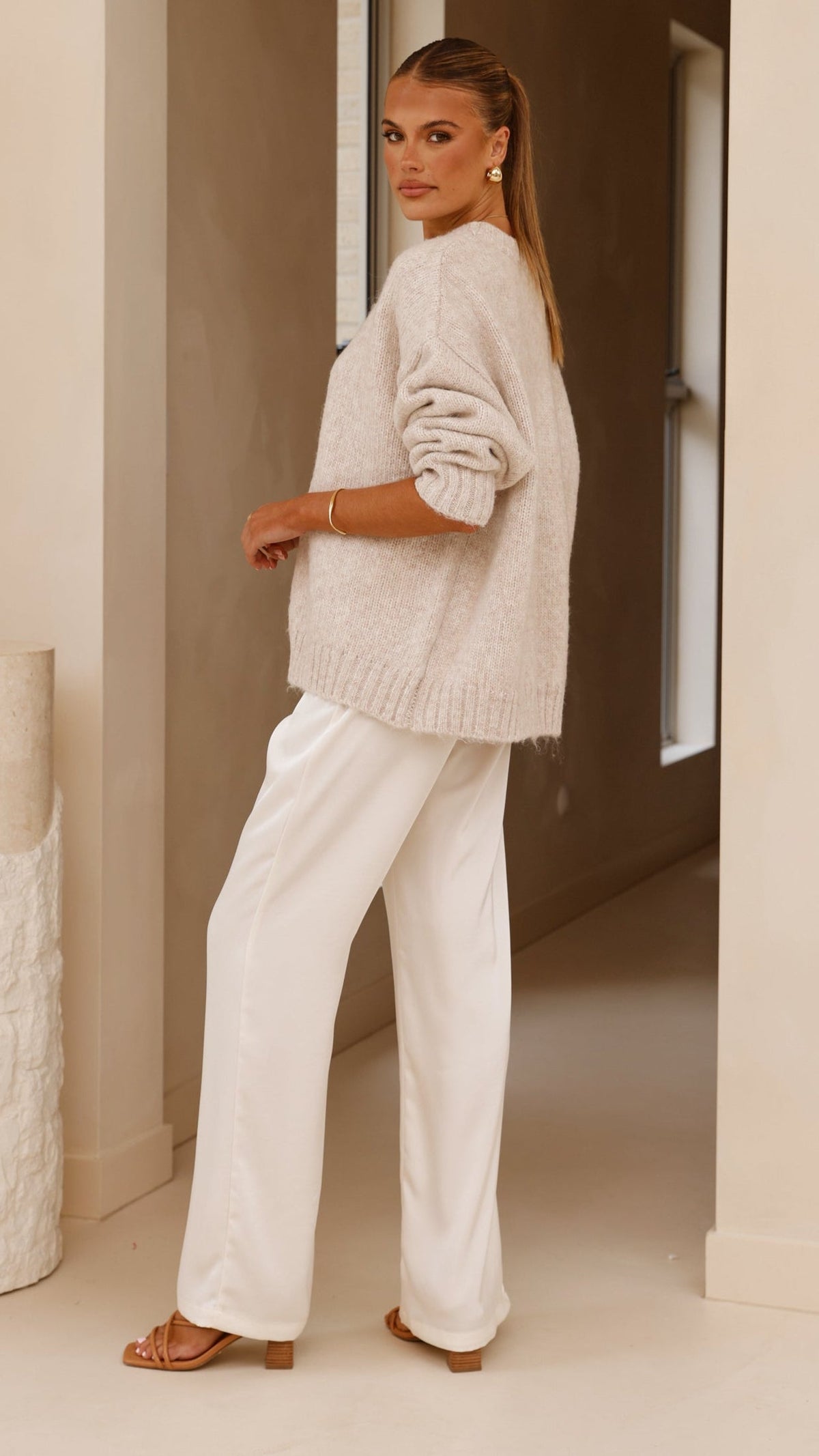 Mila Ribbed High Neck Longline Knit Jumper – Oatmeal – view 5