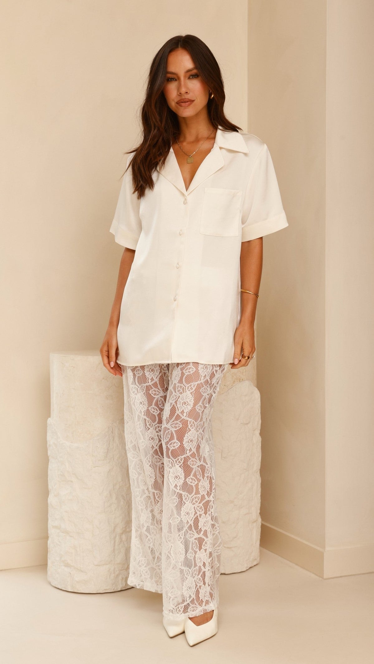 Baxter Sheer Lace Elasticated Waist Relaxed Leg Trousers – White – view 11