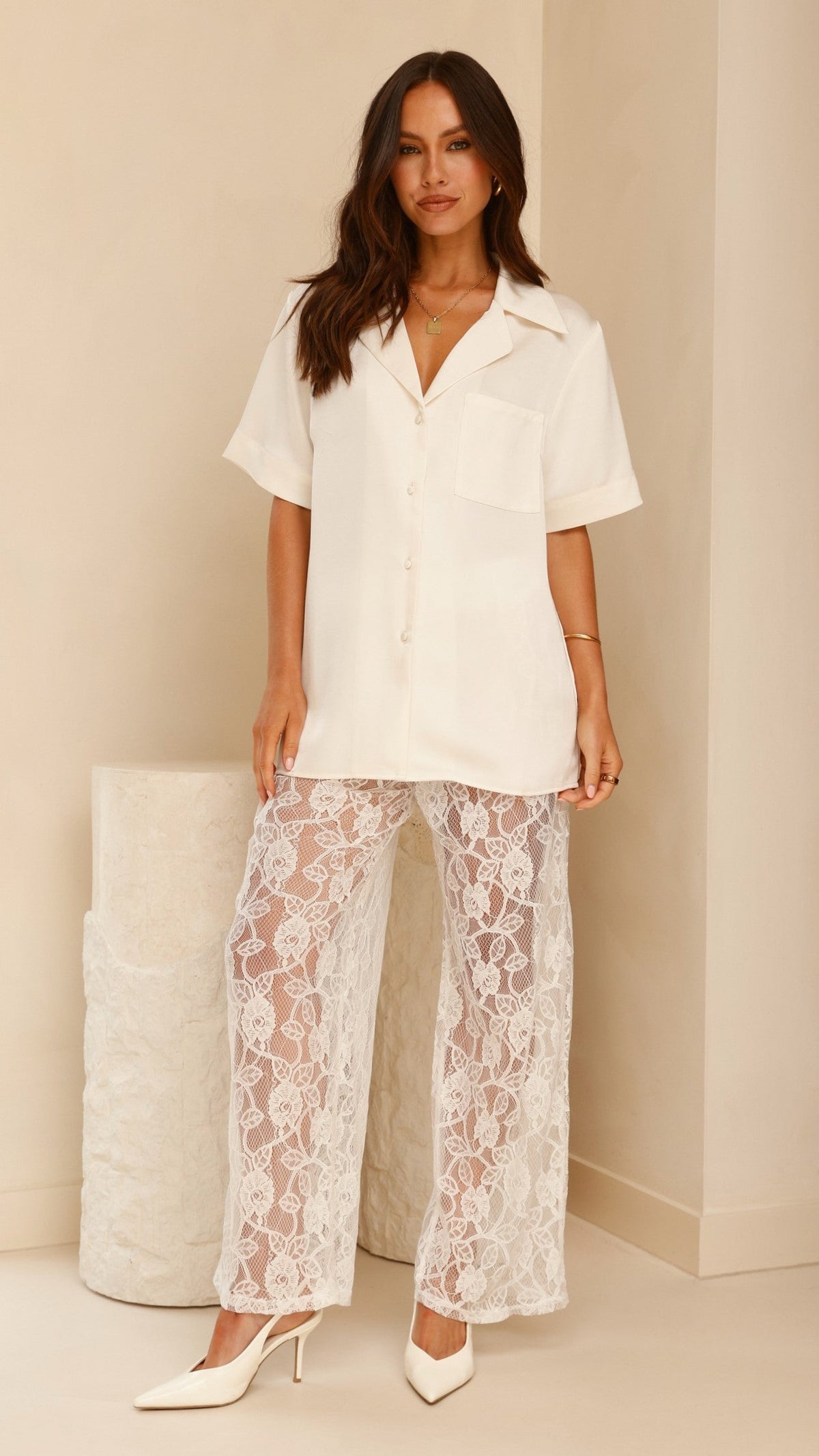 Baxter Sheer Lace Elasticated Waist Relaxed Leg Trousers – White – view 12