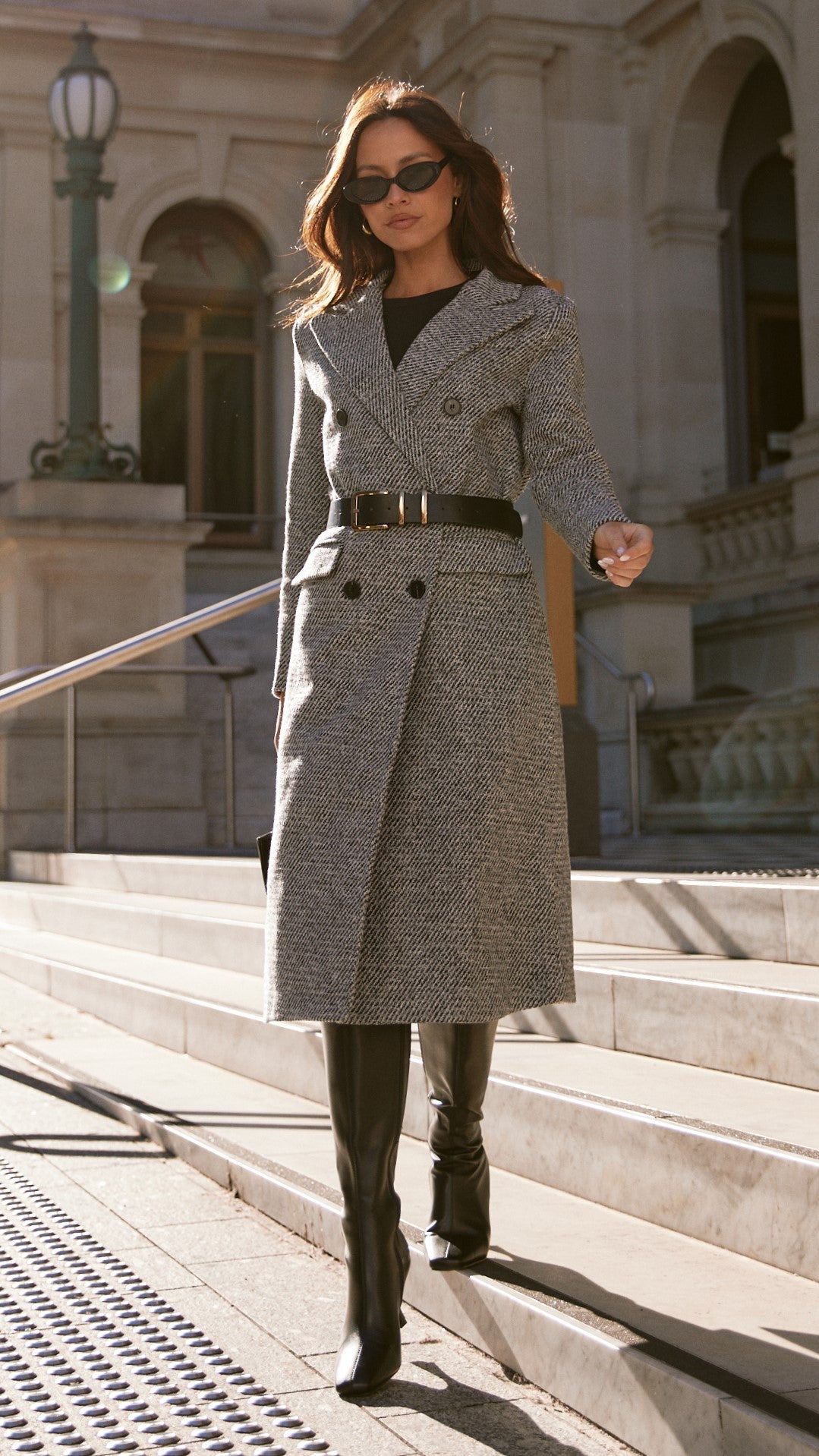 Jayla Double-Breasted Longline Coat with Padded Shoulders – Grey – view 22