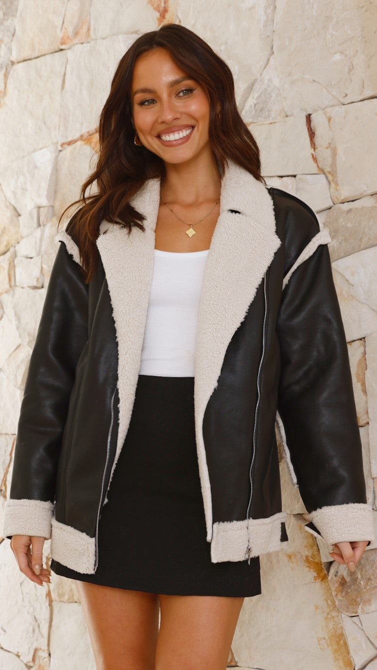 London Oversized Double-Breasted Biker Jacket with Faux Fur Collar – Black – view 17