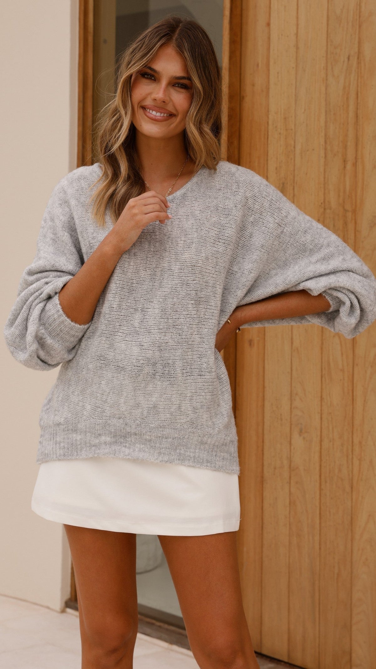 Isabella V-Neck Balloon Sleeve Relaxed Knit Jumper – Grey – view 9
