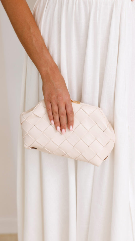 Vasanti Woven PU Clutch with Gold Top Clip Closure – Beige – view 2