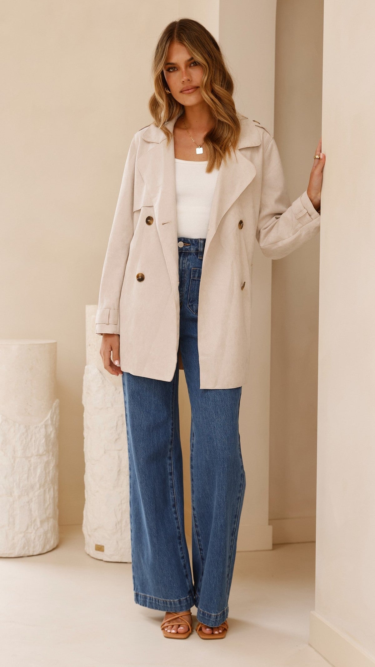 Jaya Double-Breasted Longline Coat with Epaulettes and Tie Belt – Natural – view 5