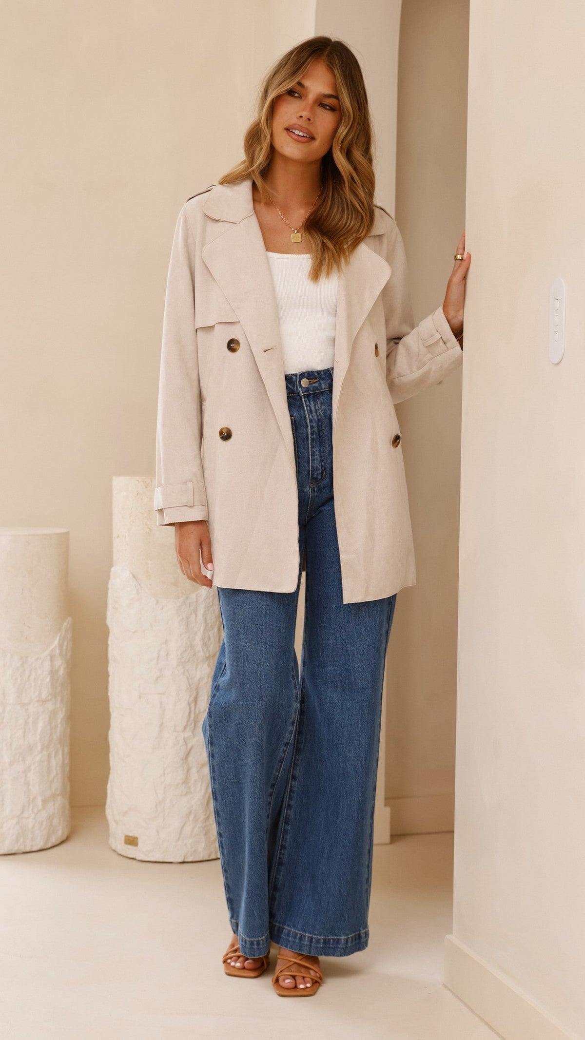 Jaya Double-Breasted Longline Coat with Epaulettes and Tie Belt – Natural – view 1