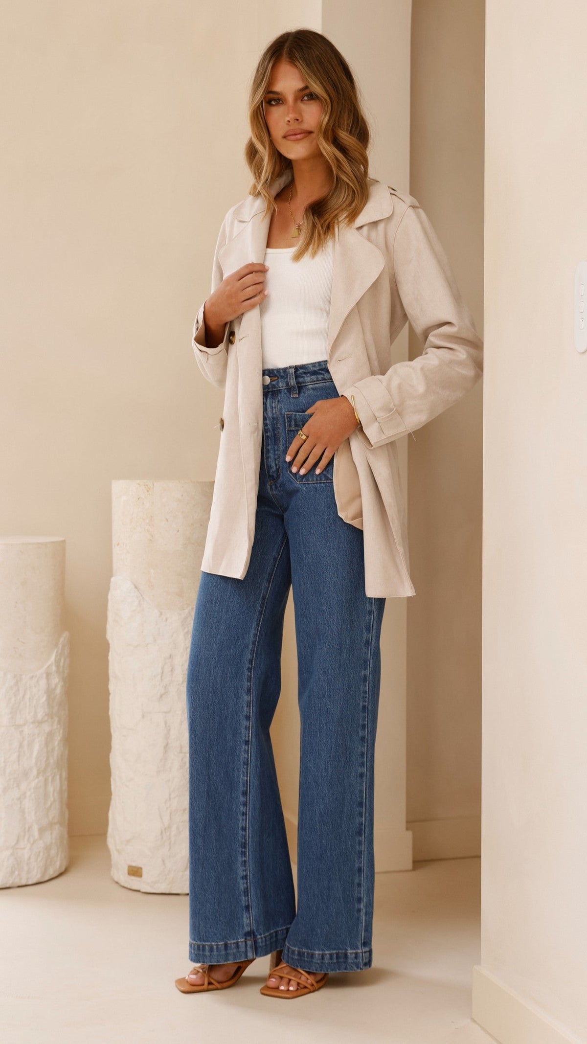 Jaya Double-Breasted Longline Coat with Epaulettes and Tie Belt – Natural – view 4