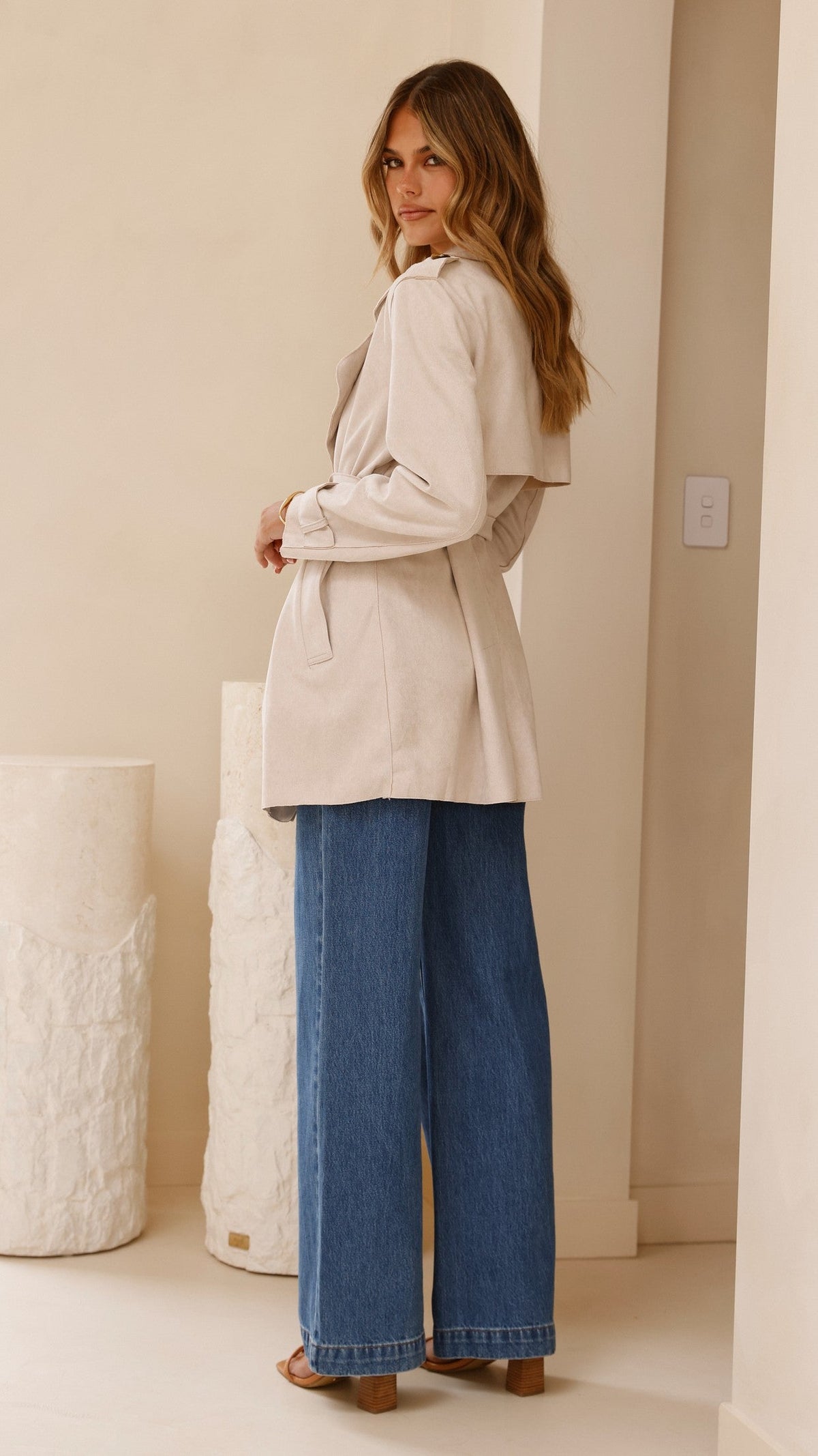 Jaya Double-Breasted Longline Coat with Epaulettes and Tie Belt – Natural – view 3