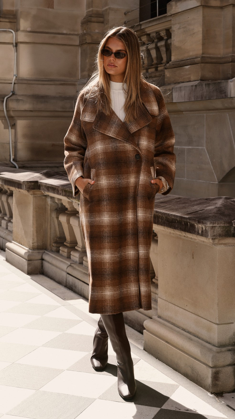 Haruna Double-Breasted Longline Coat – Brown / Beige Plaid Print – view 17