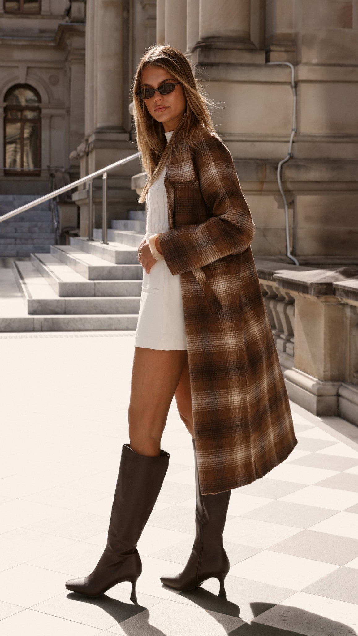 Haruna Double-Breasted Longline Coat – Brown / Beige Plaid Print