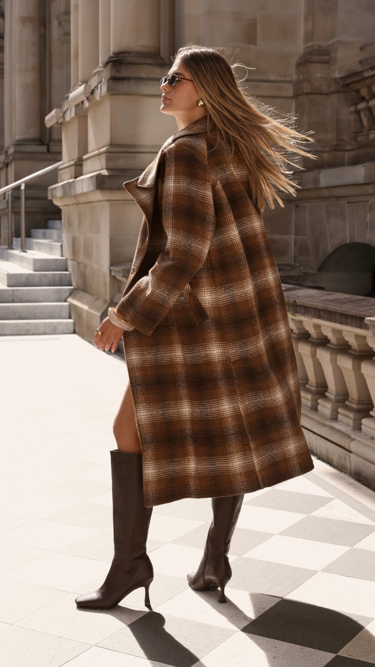Haruna Double-Breasted Longline Coat – Brown / Beige Plaid Print – view 2