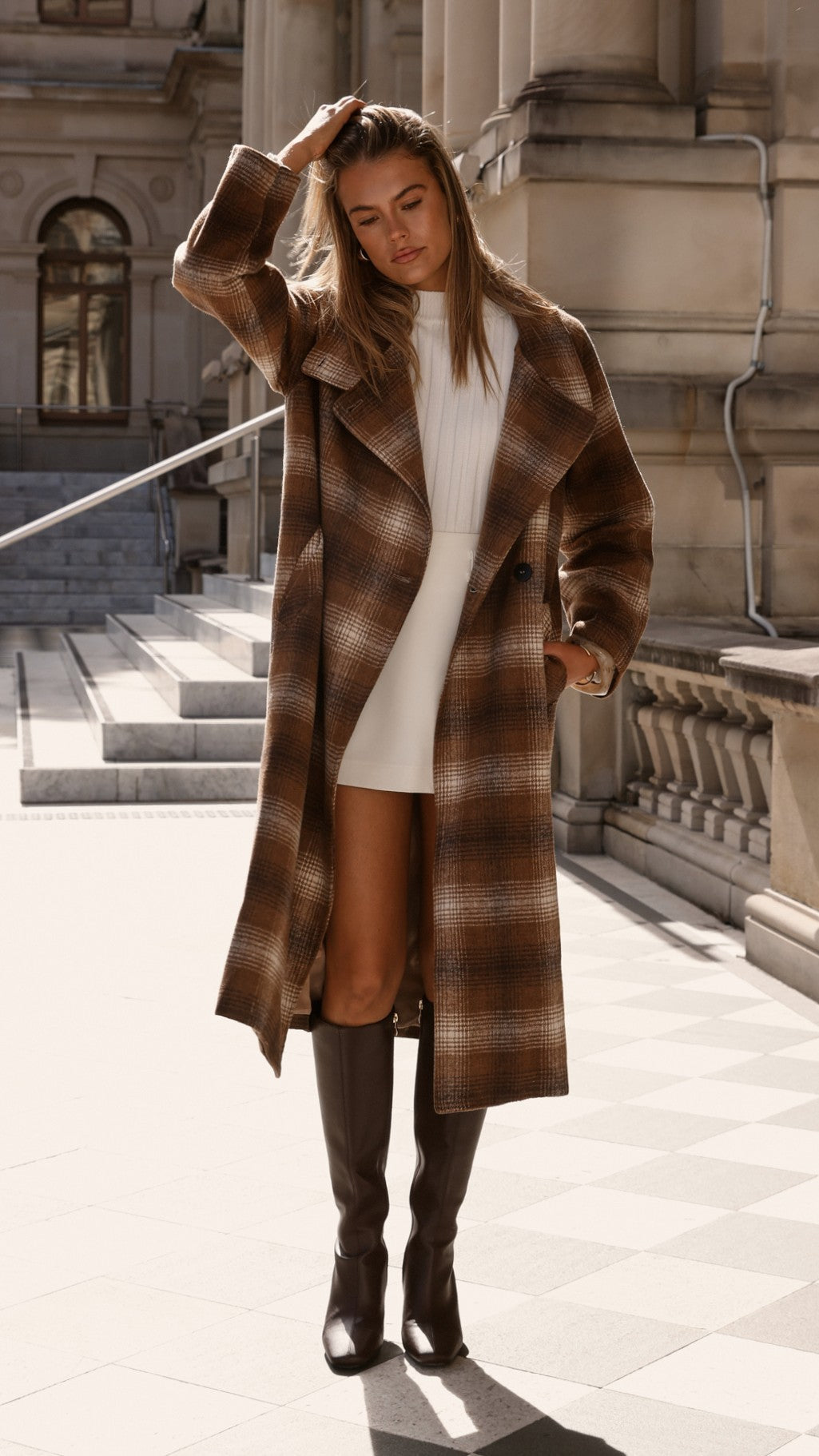Haruna Double-Breasted Longline Coat – Brown / Beige Plaid Print