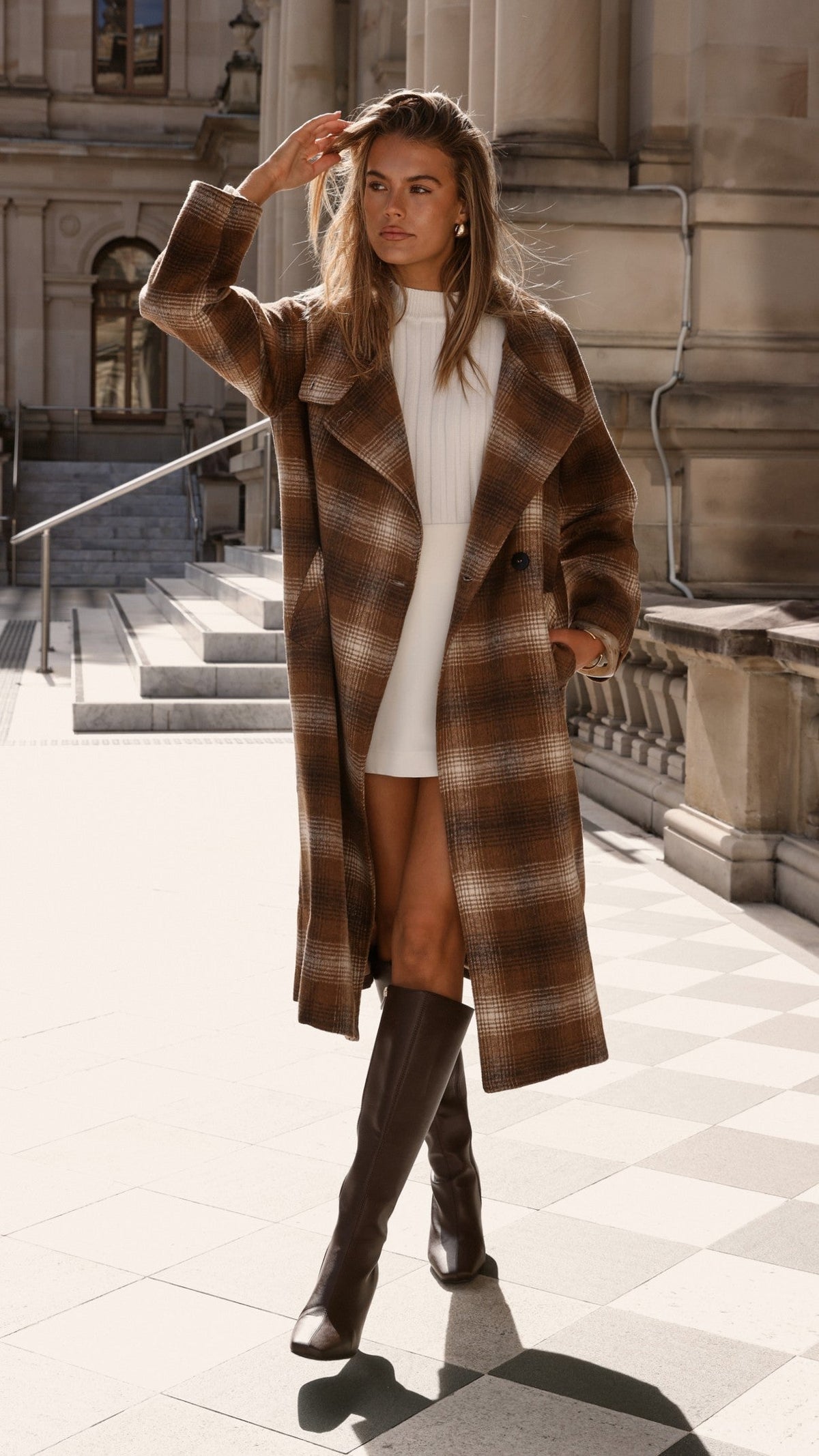 Haruna Double-Breasted Longline Coat – Brown / Beige Plaid Print – view 11