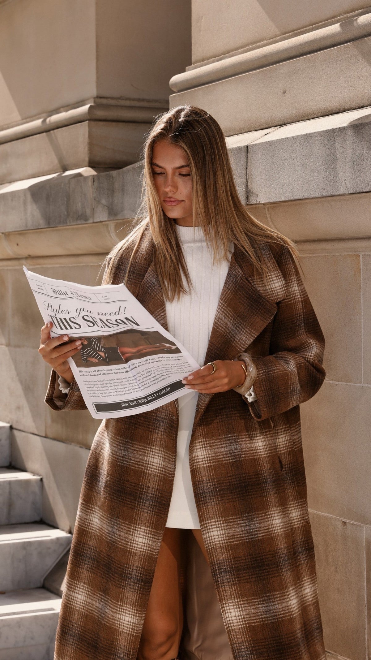 Haruna Double-Breasted Longline Coat – Brown / Beige Plaid Print
