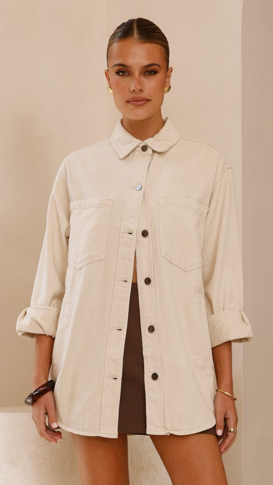 Dixon Oversized Longline Cotton Jacket with Button Front – Sand