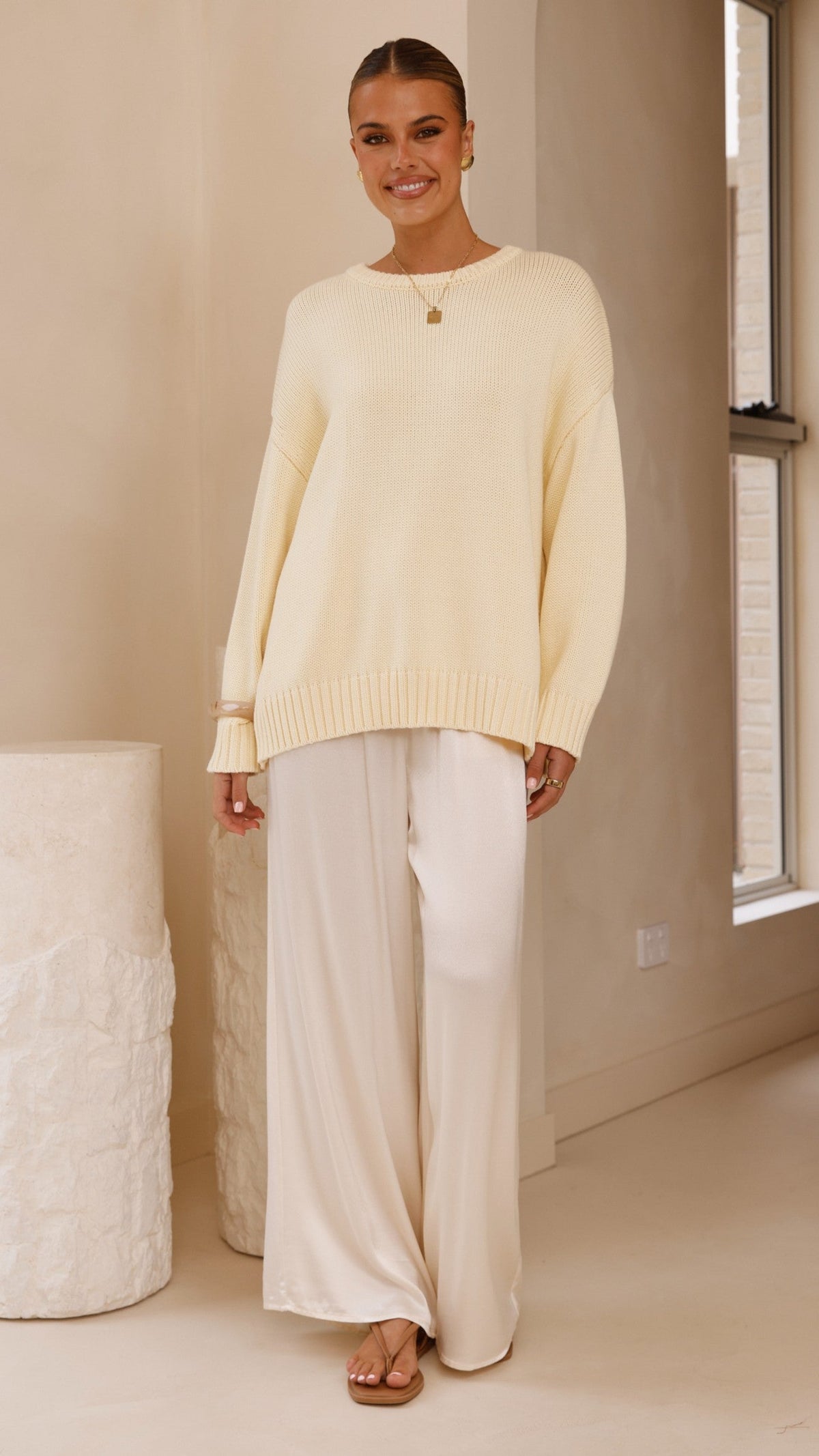 Dara Oversized Crew Neck Long Sleeve Knit Jumper – Butter Yellow
