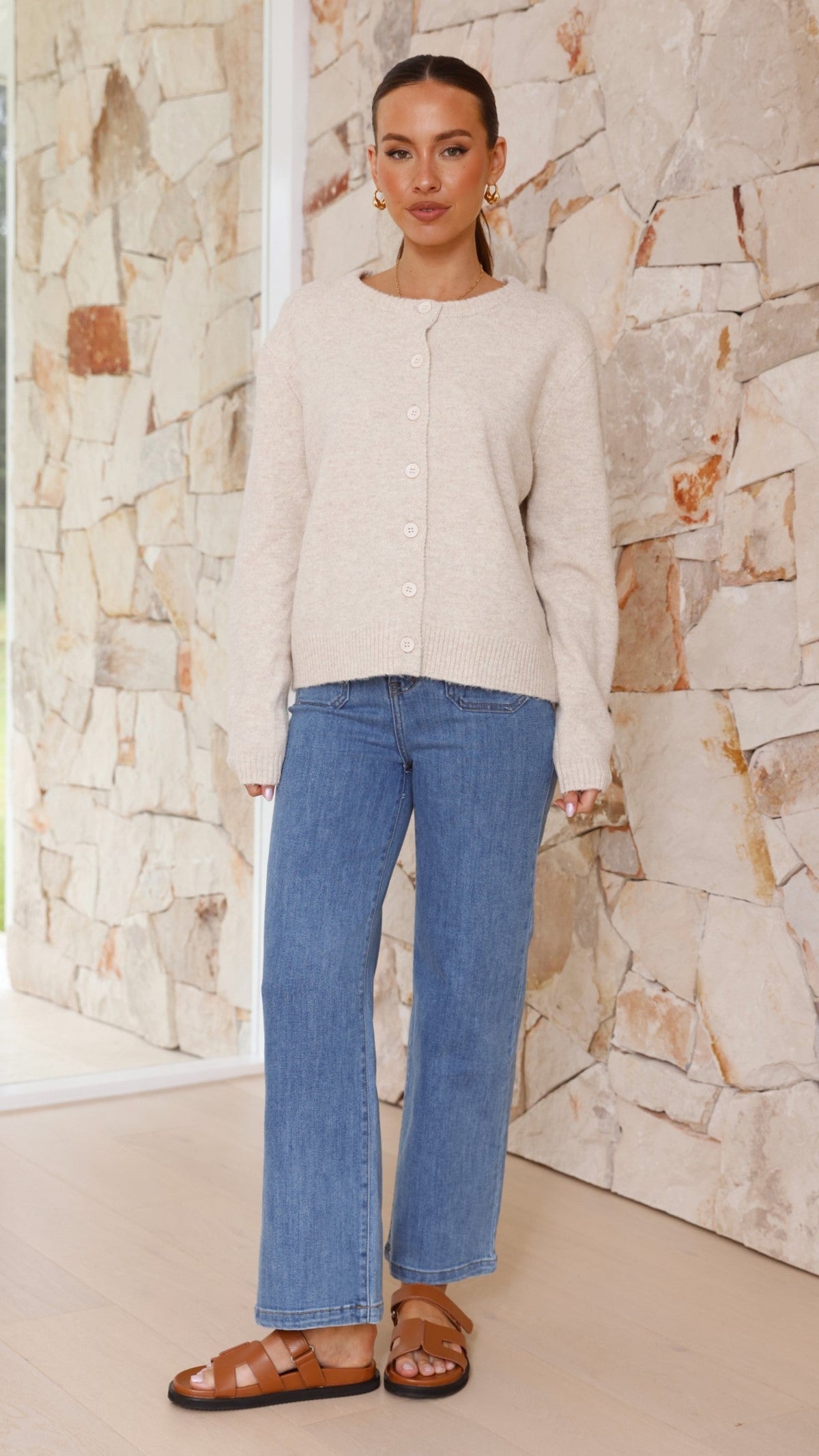 Carinna Relaxed Button-Front Knit Jumper – Beige