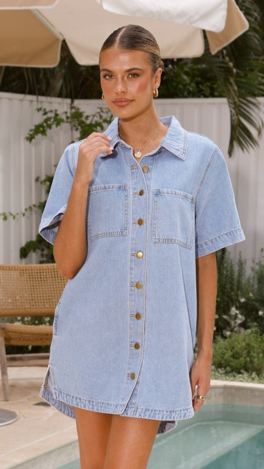 Rayna Button-Down Cotton-Rich Mini Dress with Bust Pockets – Light Denim