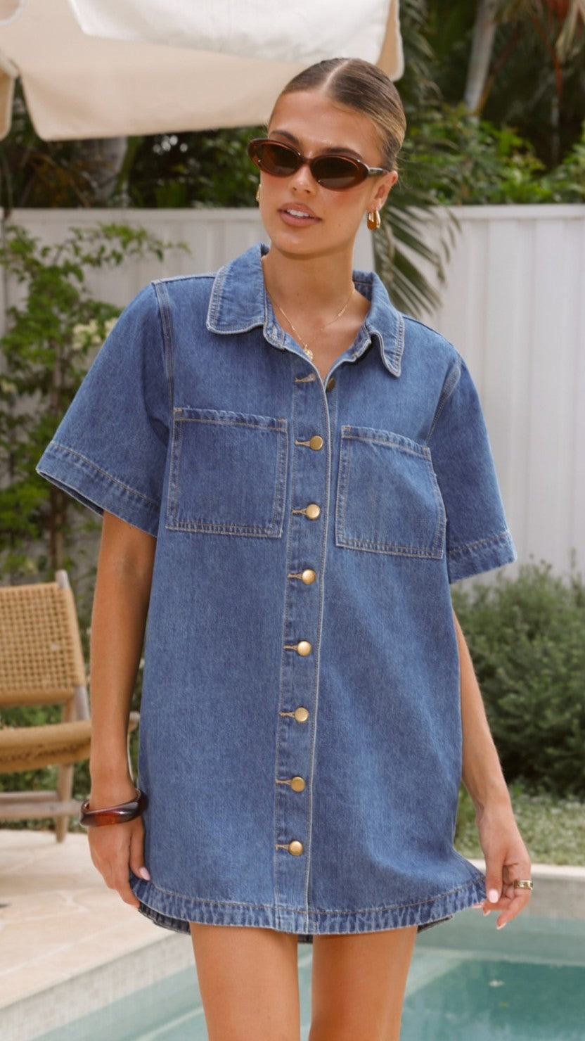 Rayna Button-Down Cotton-Rich Mini Dress with Bust Pockets – Dark Denim