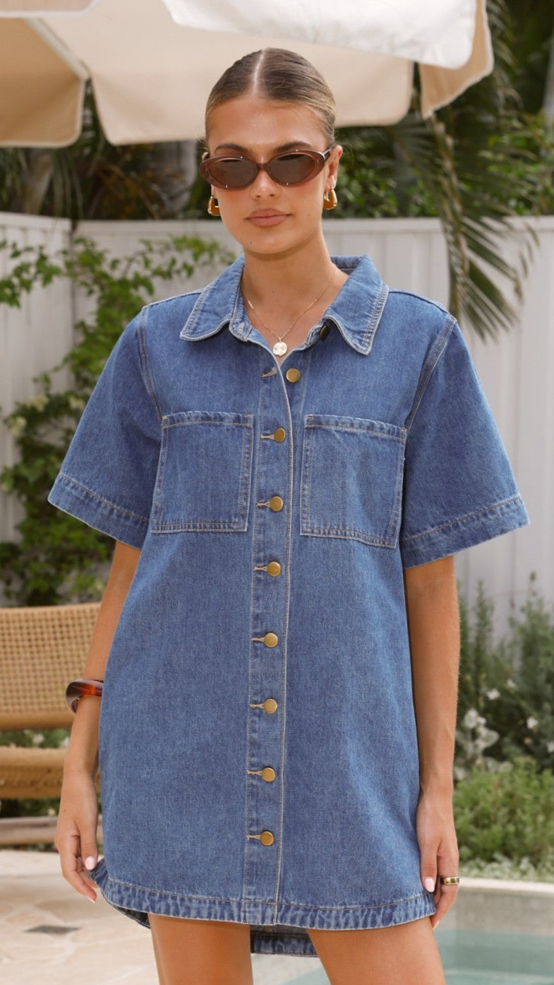 Rayna Button-Down Cotton-Rich Mini Dress with Bust Pockets – Dark Denim
