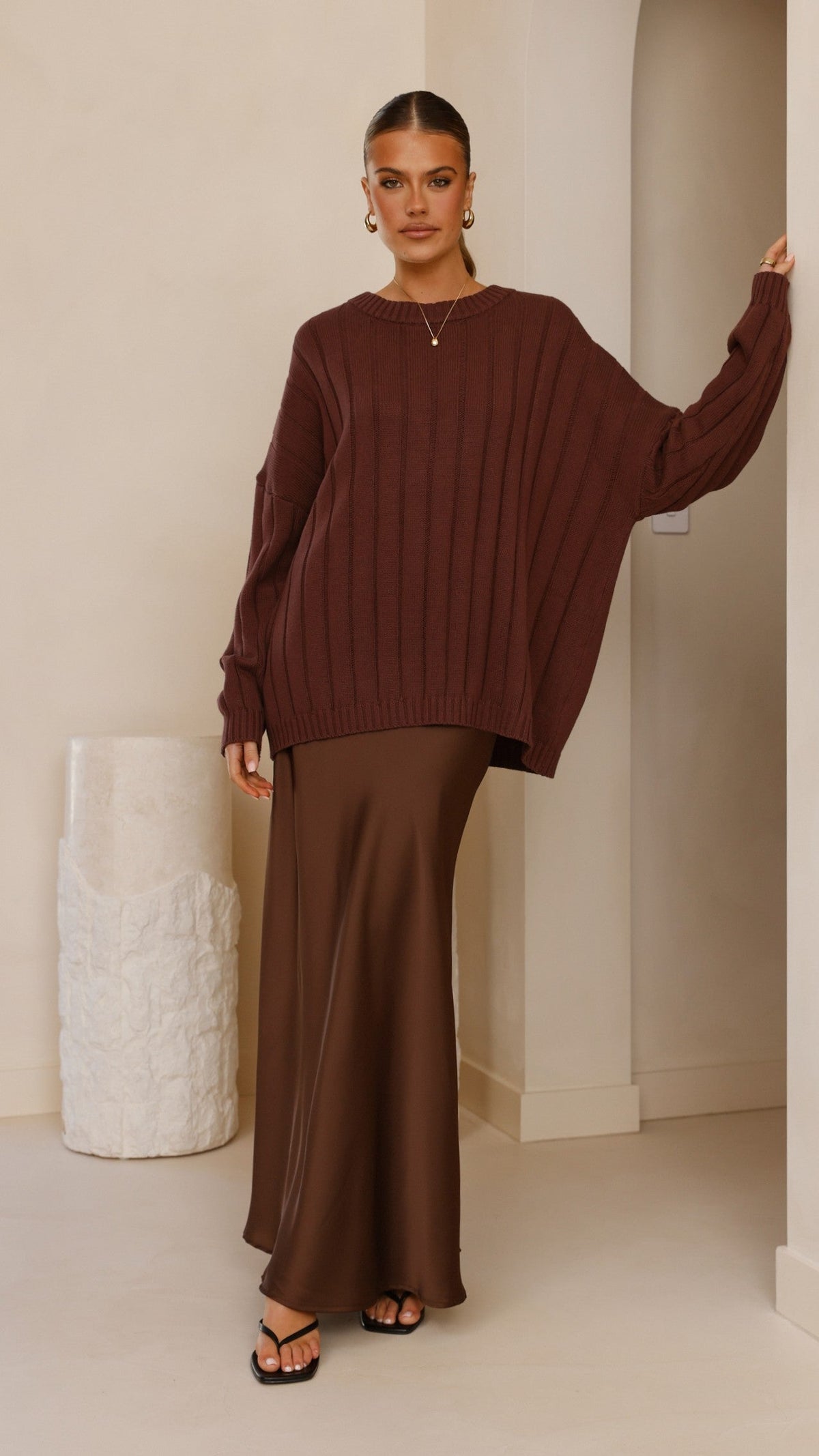 Naiva Oversized Wide Rib Crew Neck Cotton Jumper – Brown – view 10