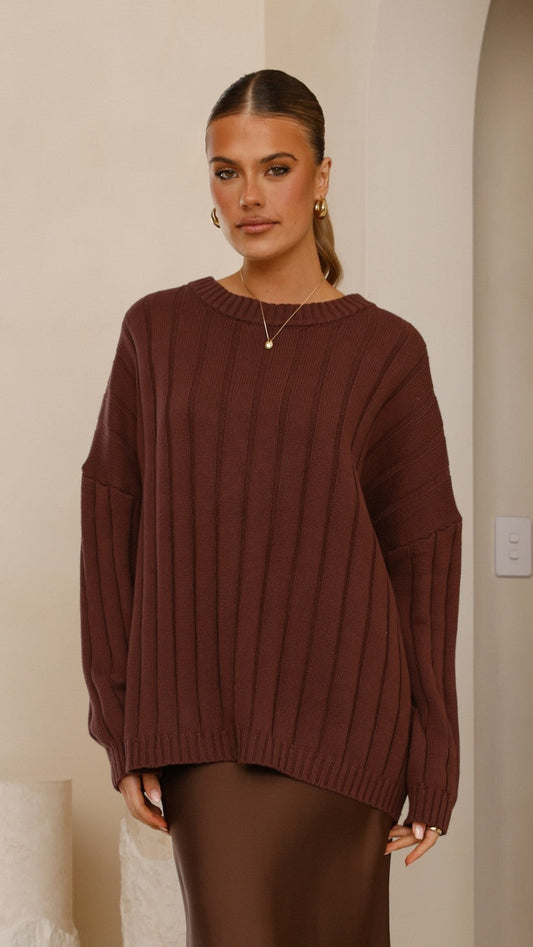 Naiva Oversized Wide Rib Crew Neck Cotton Jumper – Brown
